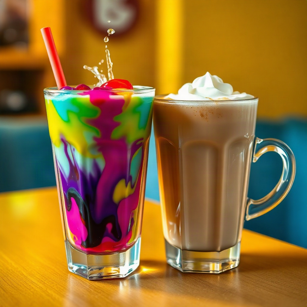 Experimental colorful drink beside a plain latte